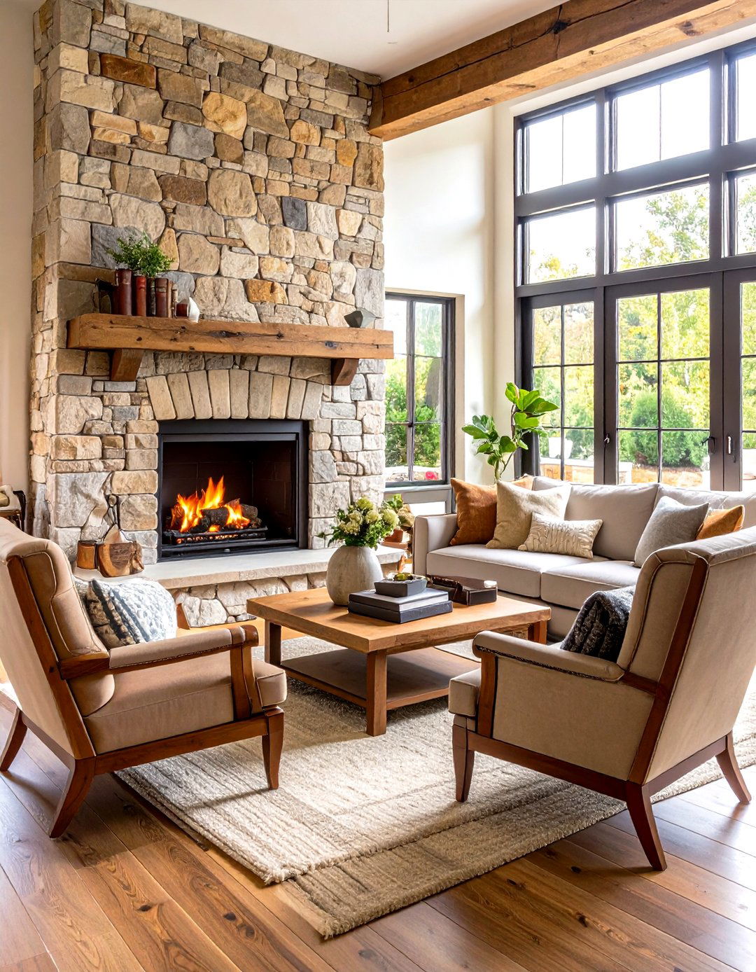 French Country Living Room with Grand Stone Fireplace Centerpiece - 24 French Country Living Room Ideas