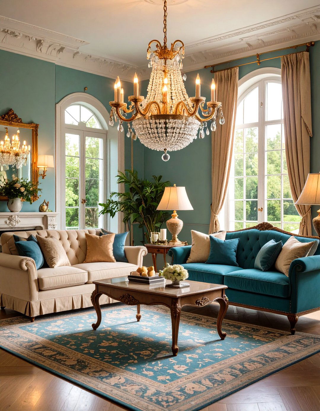 French Country Living Room with Ornate Chandelier Focal Point - 24 French Country Living Room Ideas