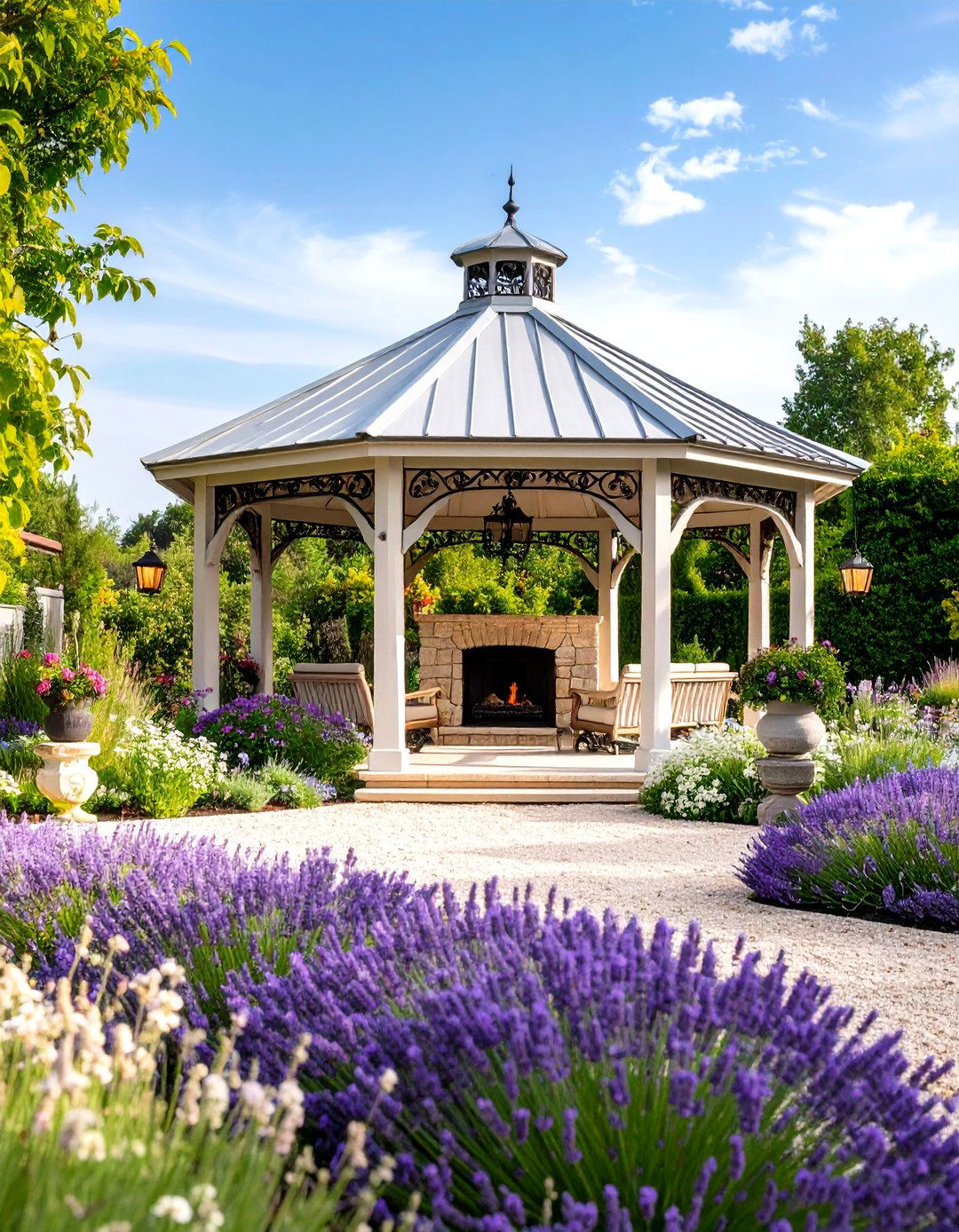 French Country Pavilion With Limestone Fireplace - 24 Backyard Pavilion With Fireplace