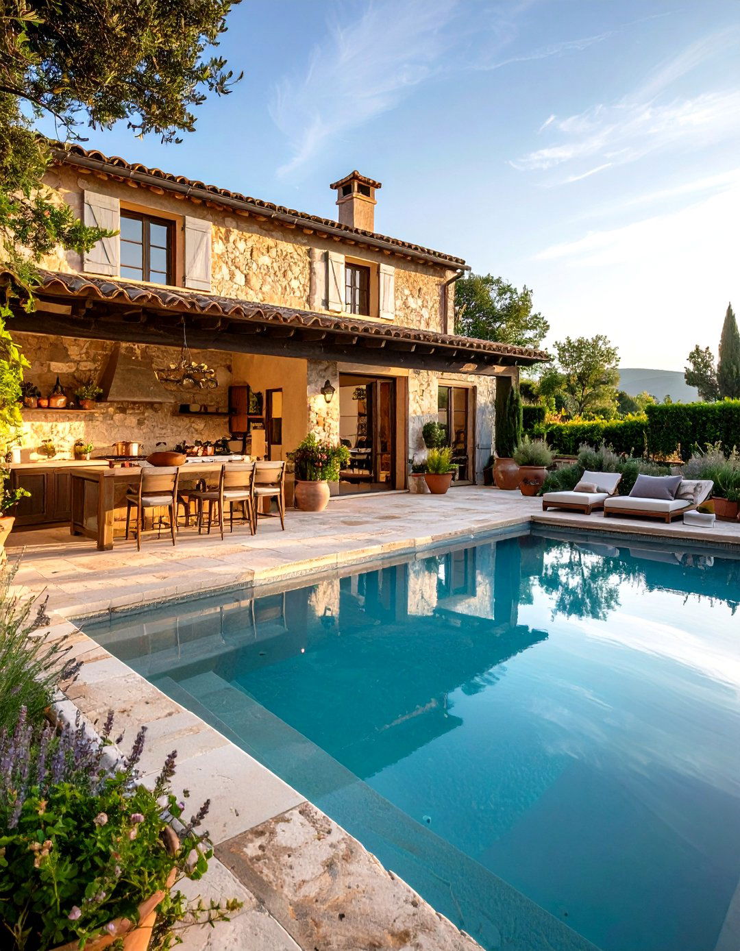 French Country Pool House with Provence Style Kitchen - 24 Pool House With Outdoor Kitchen Ideas