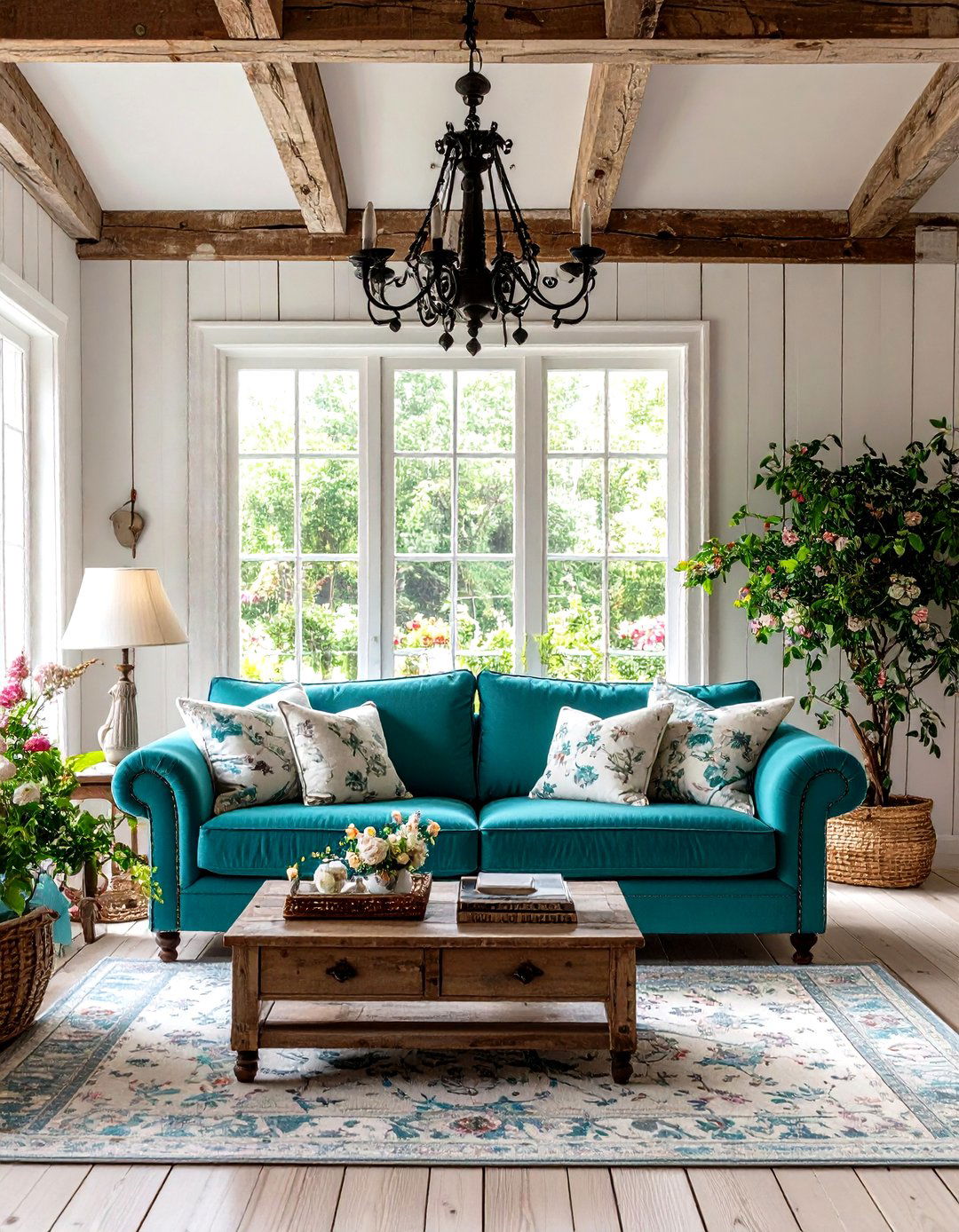 French Country Teal Couch with Romantic Touches - 24 Teal Couch Living Room Ideas