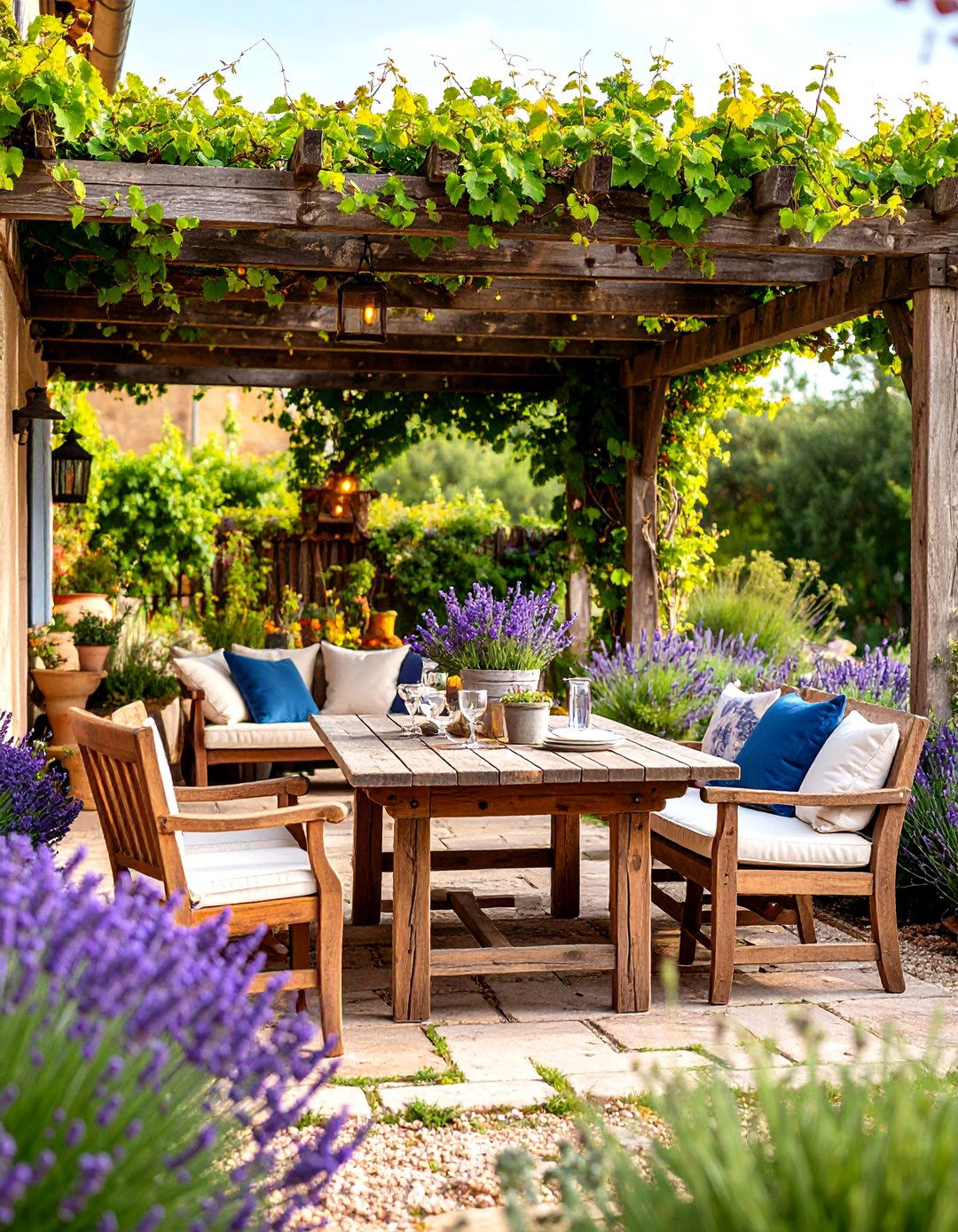 French Country Terrace with Vintage Furniture and Lavender - 24 Outdoor Living Space Ideas