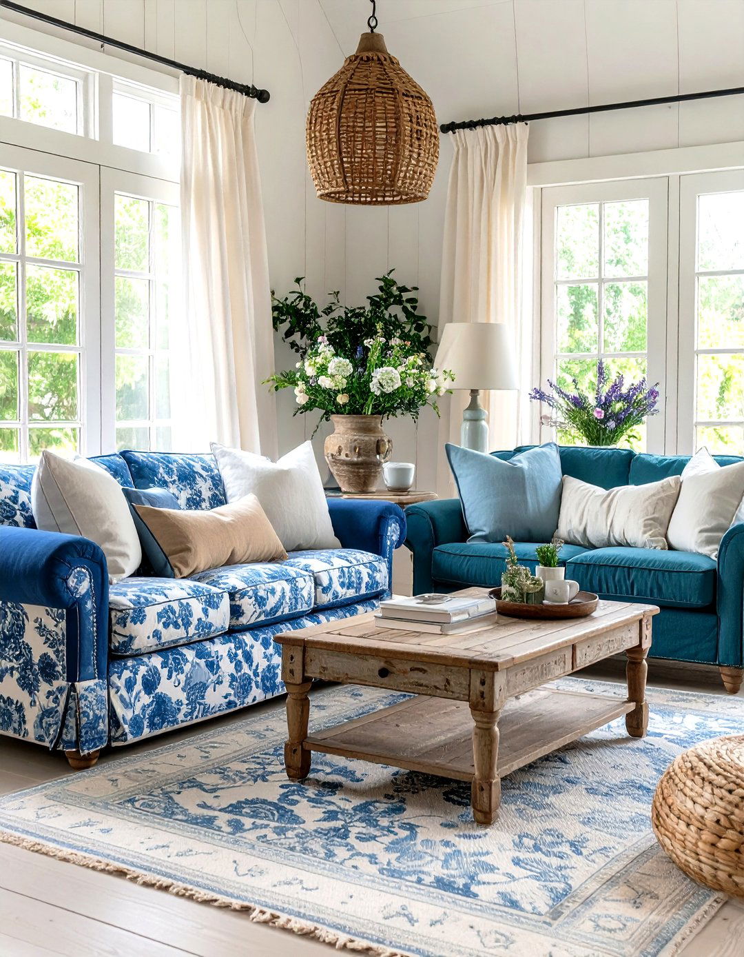 French Country Toile and Solid Pairing - 24 Mismatched Sofas in Living Room Ideas