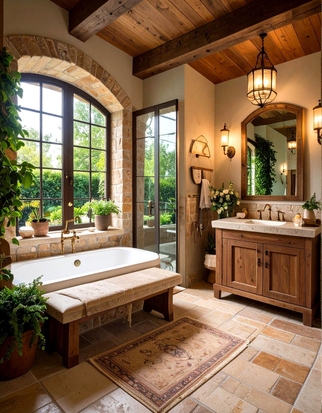 French Country Walk in Shower with Limestone Bench - 24 Walk in Shower Ideas With Bench