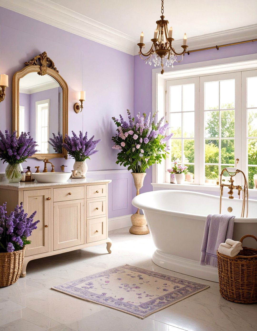 French Country Windowless Bathroom with Romantic Details - 24 Windowless Bathroom Ideas