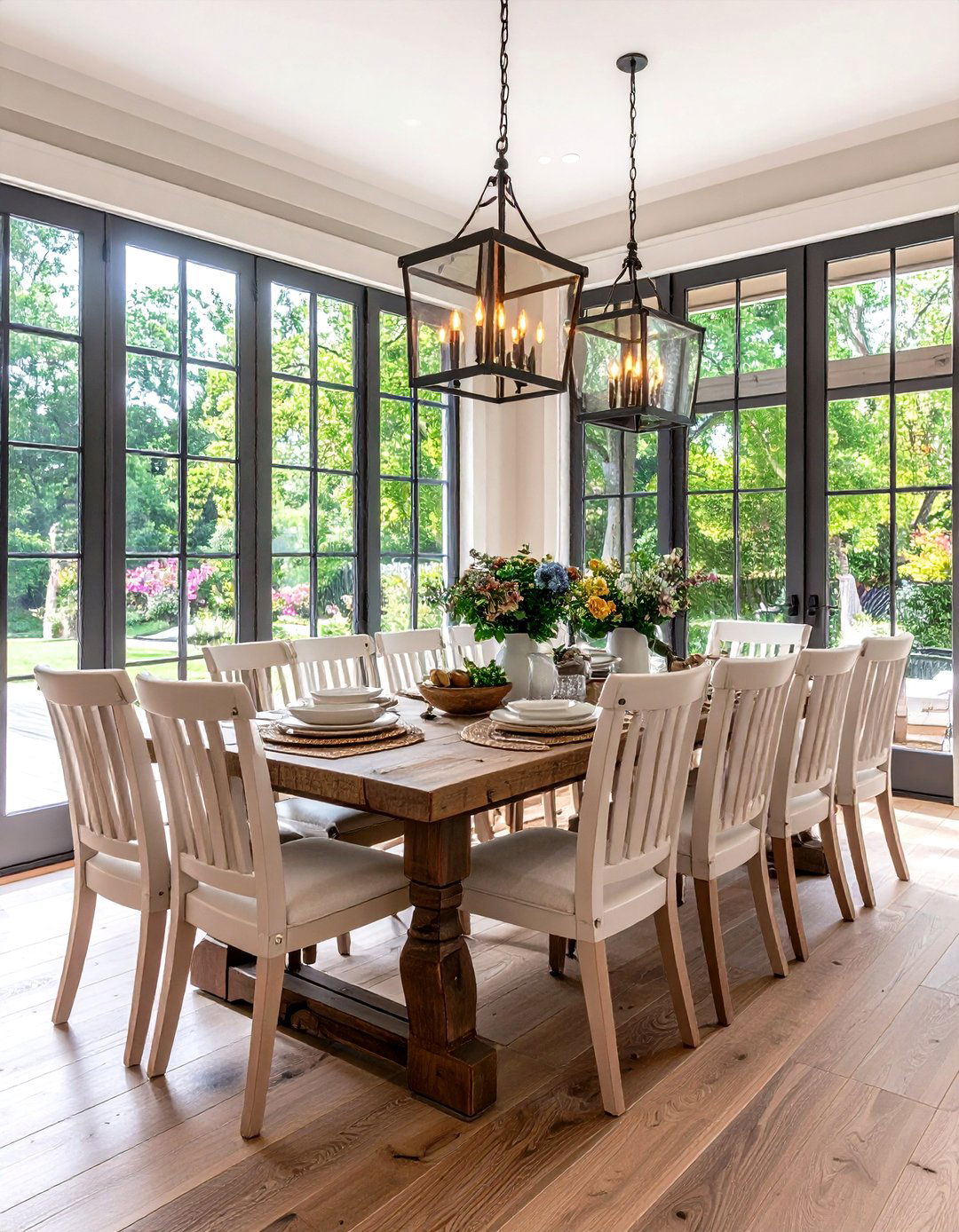French Doors Opening to Covered Porch - 24 Modern Farmhouse Dining Room Ideas