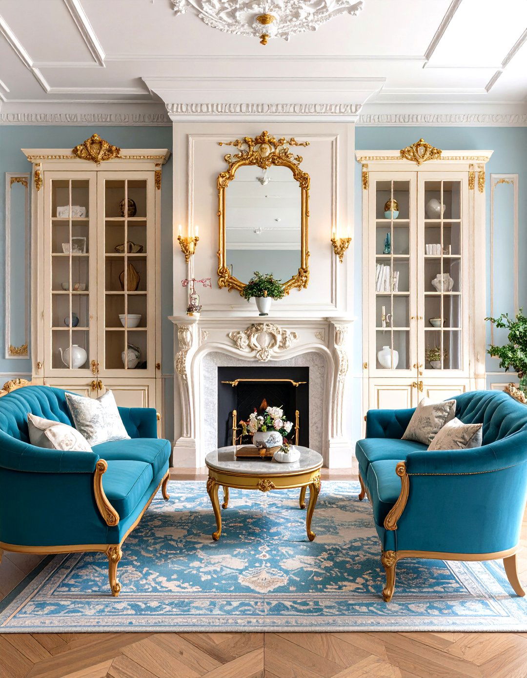 French Provincial Carved Elegance - 24 Fireplace With Bookshelves