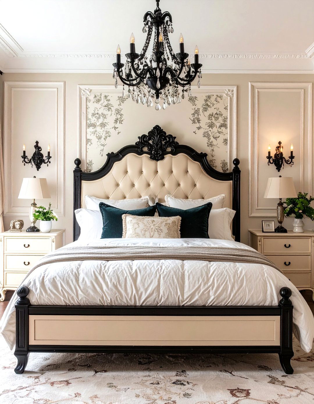 French Provincial Cream and Black Bedroom with Romantic Details - 24 Cream and Black Bedroom Ideas