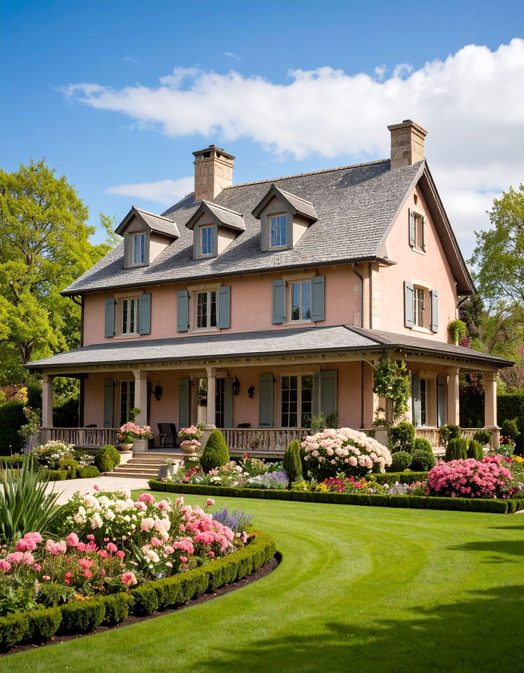 French Provincial Dusty Rose Manor - 24 Pink House Exterior Ideas