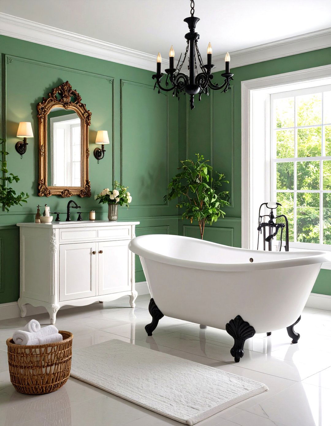 French Provincial Elegance - 24 black, white and green bathroom ideas