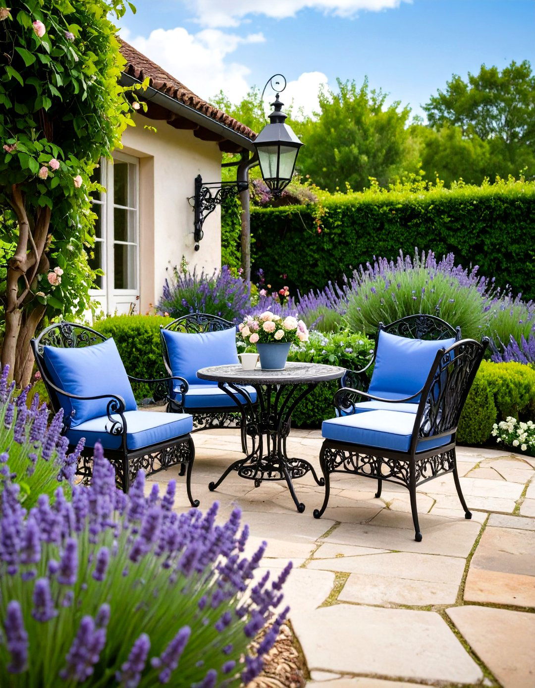 French Provincial Patio with Limestone Features - 24 Small Patio Ideas