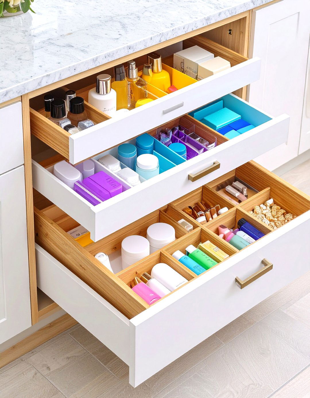Frequency Based Tiered Storage with Morning and Evening Zones - 24 Bathroom Drawer Organization Ideas
