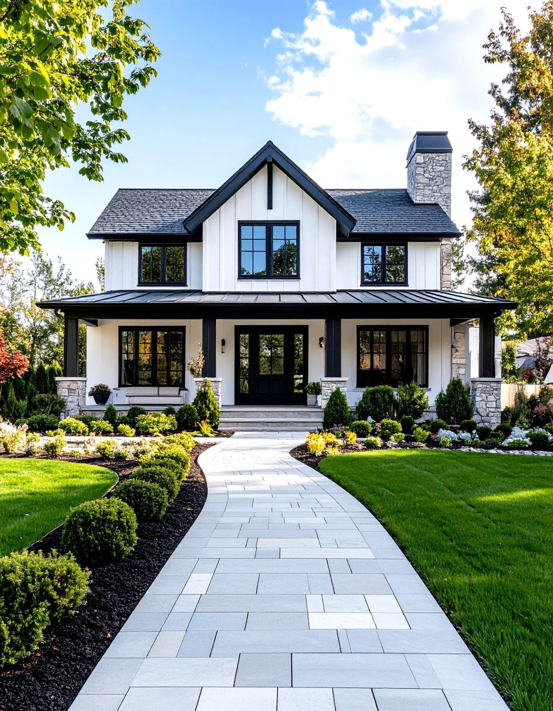 Front Yard Accessibility Design - 24 White Farmhouse With Black Windows Ideas