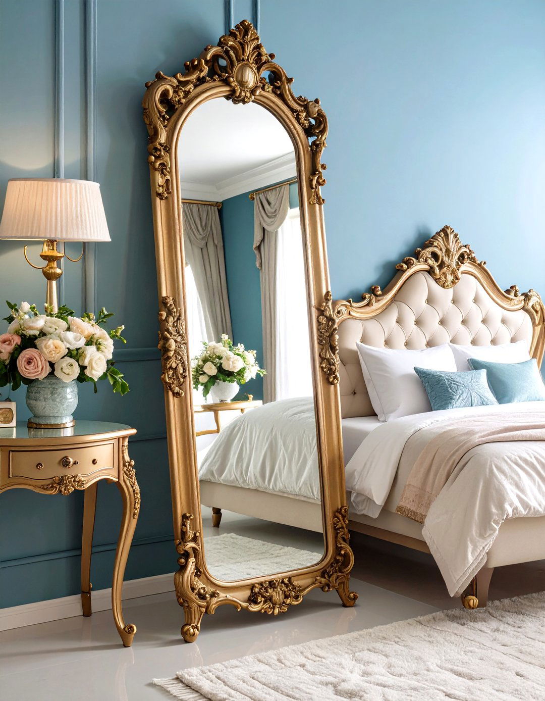 Full Length Floor Mirror with Ornate Gold Frame - 24 Bedroom Mirror Ideas