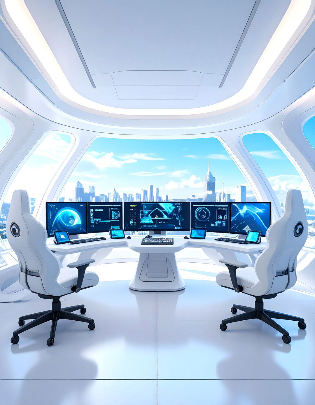 Futuristic White Gaming Command Center - 24 All White Gaming Setup Ideas
