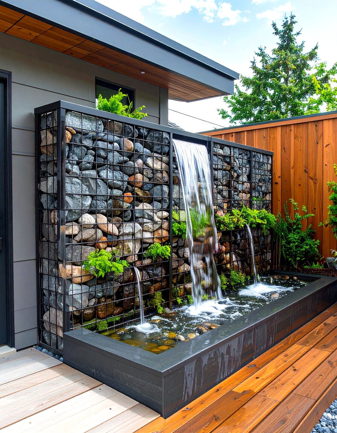 Gabion Stone Privacy Wall with Integrated Water Feature - 24 Deck With Privacy Wall