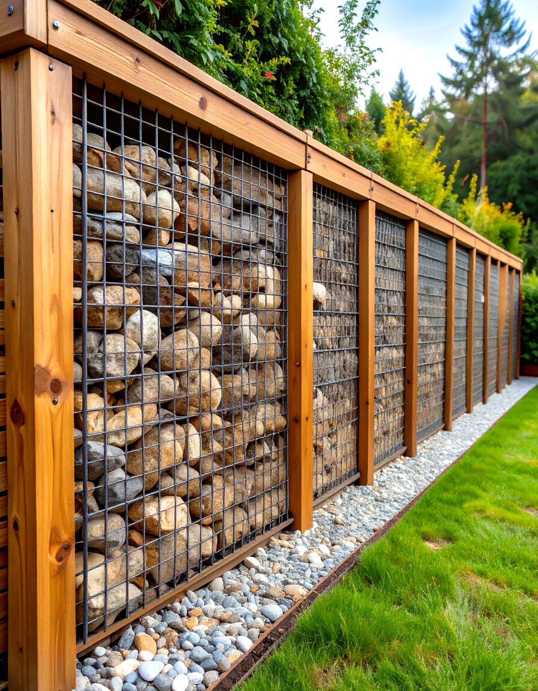 Gabion Wood Hybrid Retaining Wall with Natural Stone Fill - 24 Wood Retaining Wall Ideas