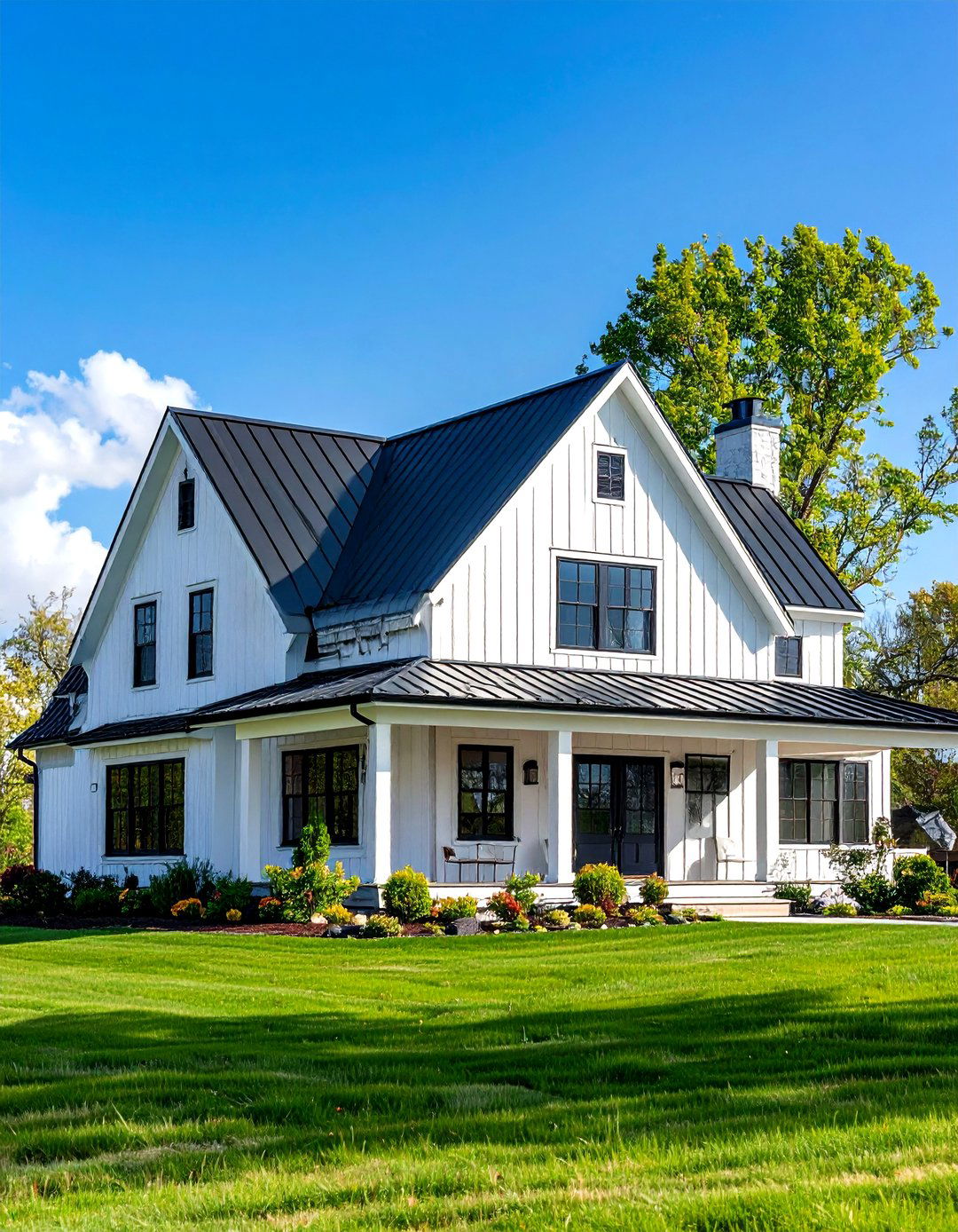 Gable Roof with Metal Accents - 24 White Farmhouse With Black Windows Ideas