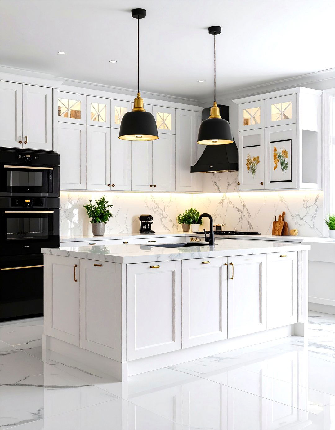 Gallery Wall Backsplash Design - 24 White Kitchen with Black Appliances Ideas