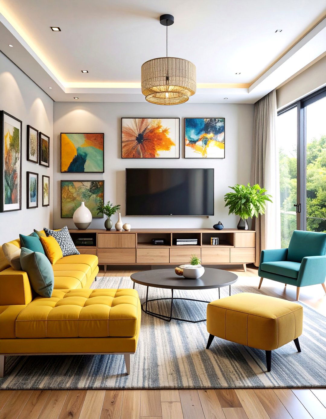 Gallery Wall TV Integration with Banquette Seating - 24 Small Living Room Ideas With Tv and Dining Table