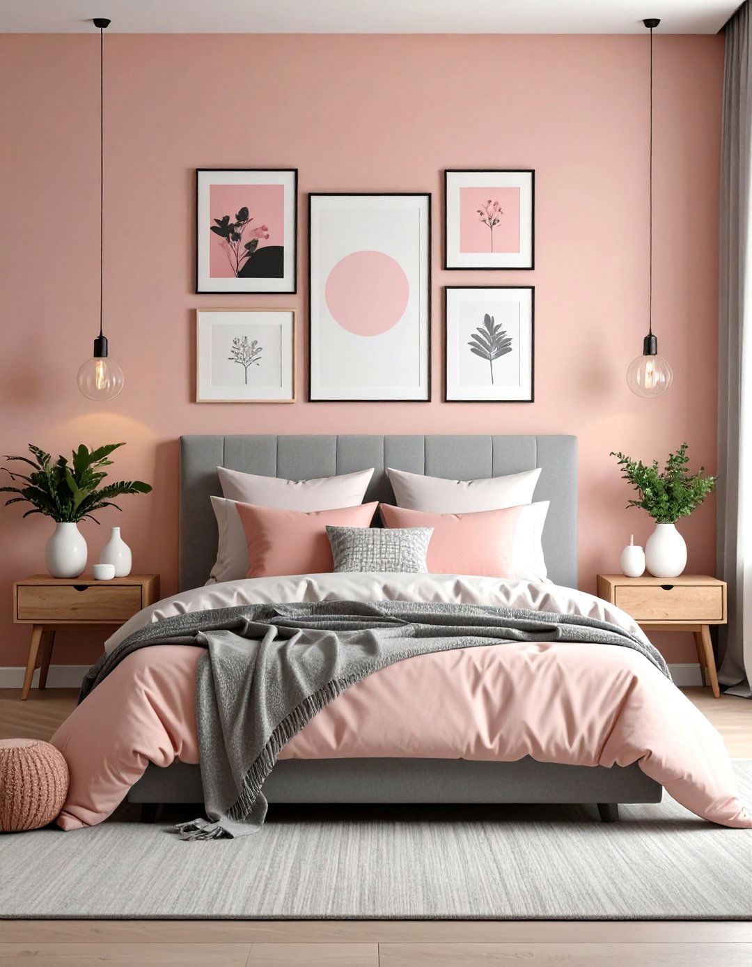 Gallery Wall with Pink and Grey Artwork - 24 Pink and Grey Bedroom Ideas
