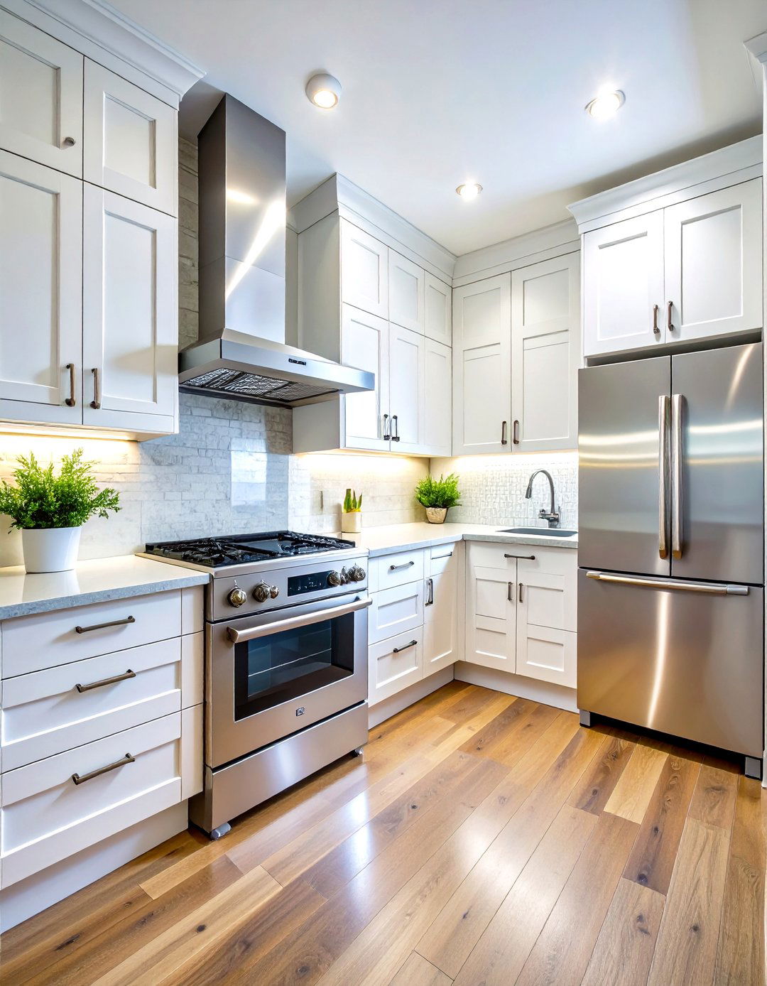 Galley White Kitchen with Space Saving Stainless Appliances - 24 White Kitchen with Stainless Steel Appliances Ideas
