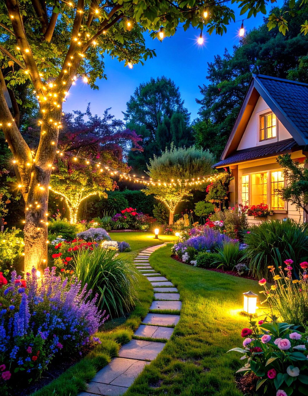 Garden Cottage Style Fairy Light Installation - 24 Garden Lighting Ideas