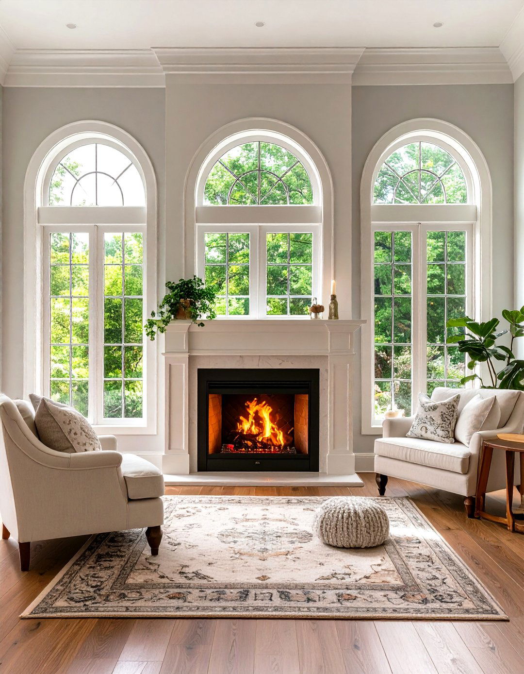 Gas Insert Fireplace with Arched Windows - 24 Fireplace Between Windows Ideas
