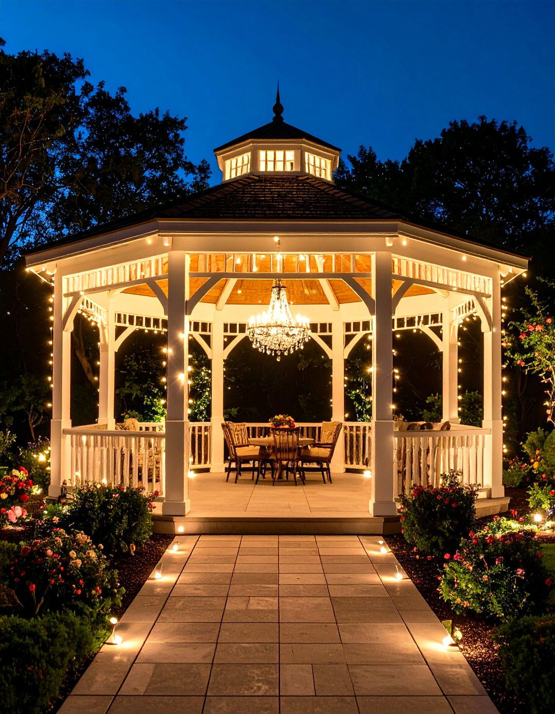 Gazebo Lighting with Chandelier and Perimeter Integration - 24 Outdoor Lighting Ideas