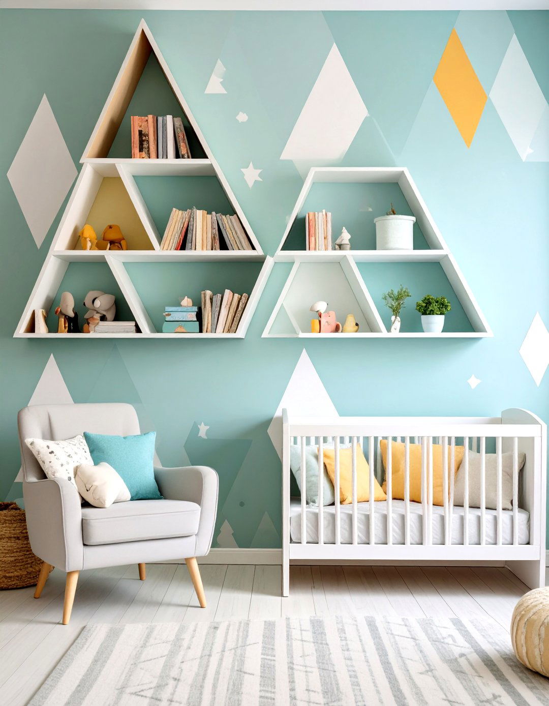 Geometric Accent Wall with Floating Shelves - 24 Nursery Wall Decor Ideas