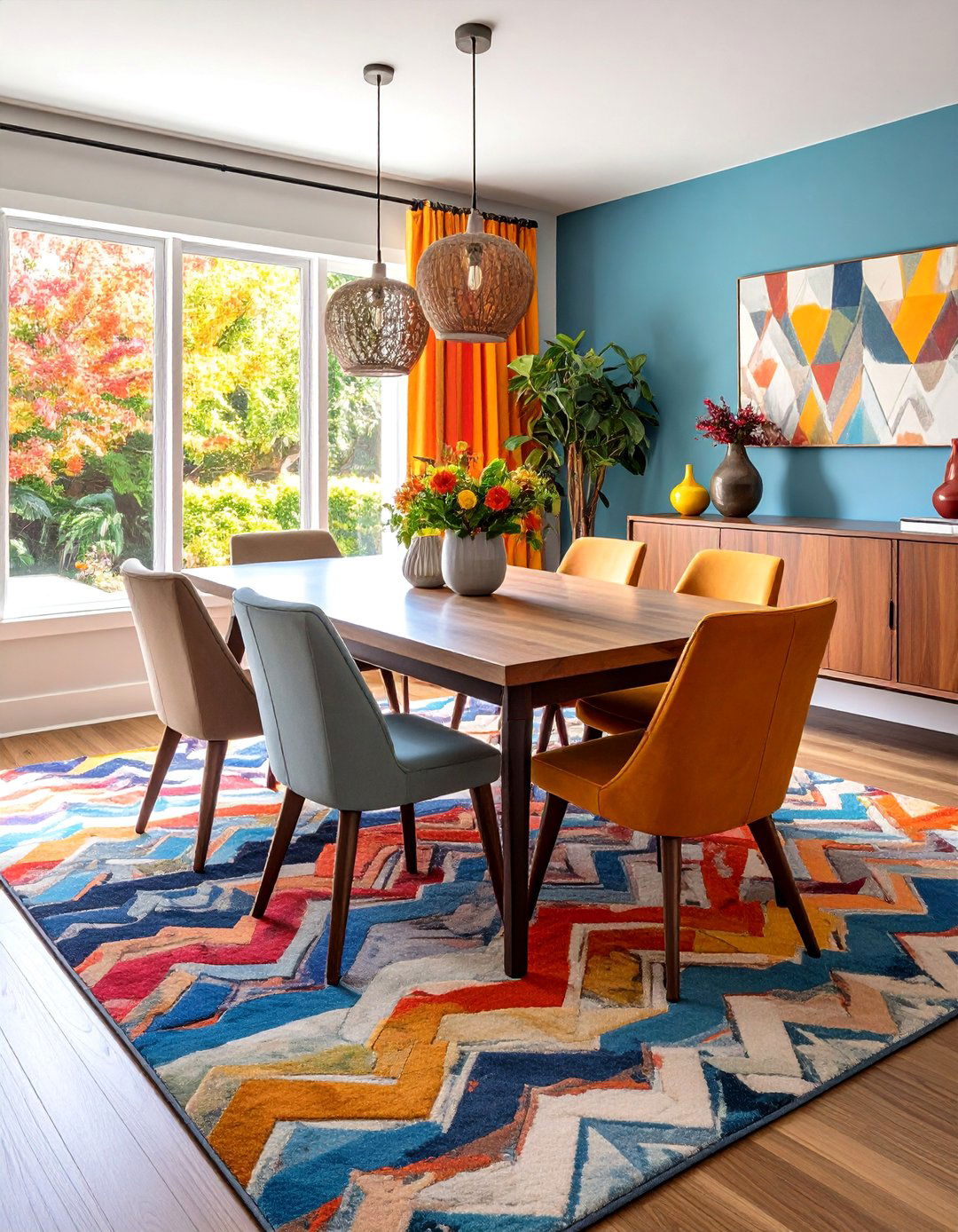 Geometric Area Rug Dining Room with Pattern Focus - 24 Art Deco Dining Room Ideas