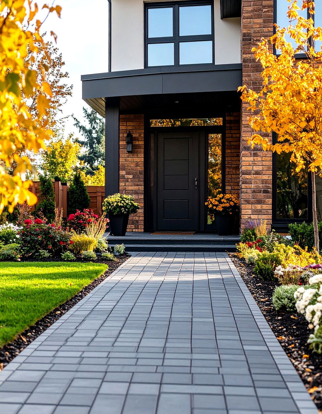 Geometric Black Brick Walkway with Basketweave Accent Borders - 24 Black Brick Walkway Ideas