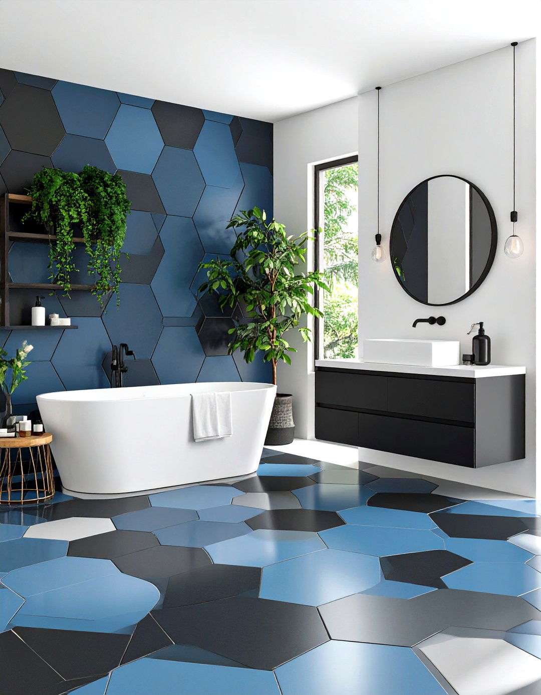 Geometric Black and Blue Floor Tiles - 24 black and blue bathroom ideas