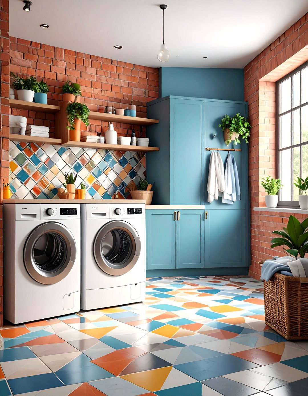 Geometric Brick Inlay Designs - 24 Brick Floor Laundry Room Ideas