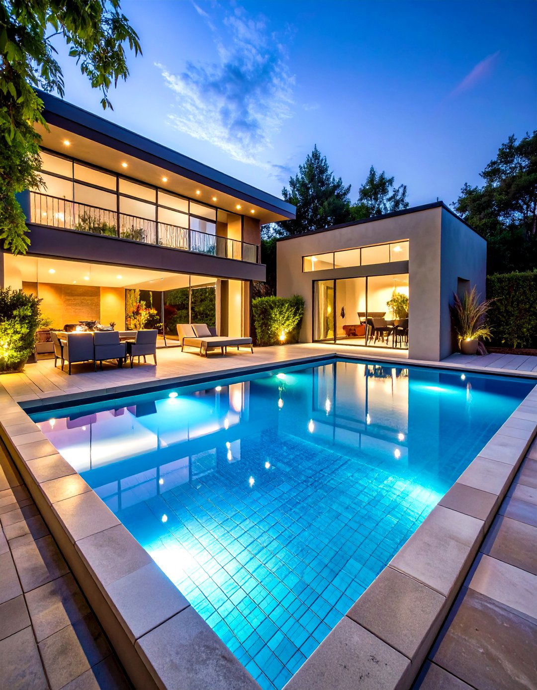 Geometric Glass Tile Accent - 24 Rectangle Pool With Hot Tub