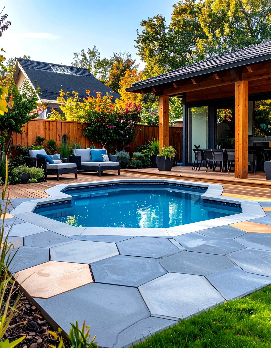 Geometric Hexagon Pool Deck - 24 Concrete Pavers Around Pool Ideas