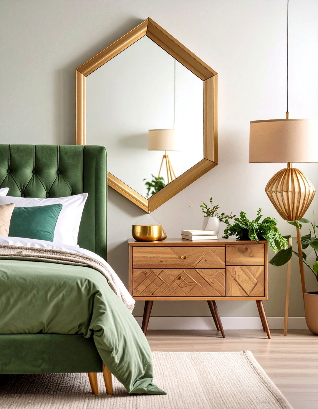 Geometric Hexagonal Mirror with Contemporary Edge - 24 Mirror Behind Nightstand Design Ideas