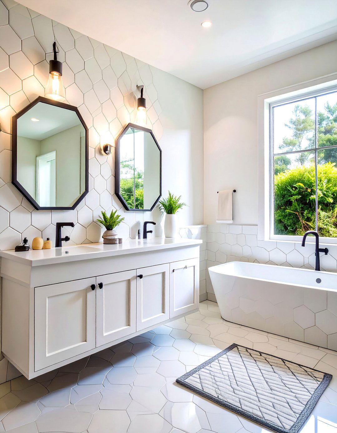 Geometric Hexagonal Mosaic Tile Features - 24 Art Deco Bathroom Ideas
