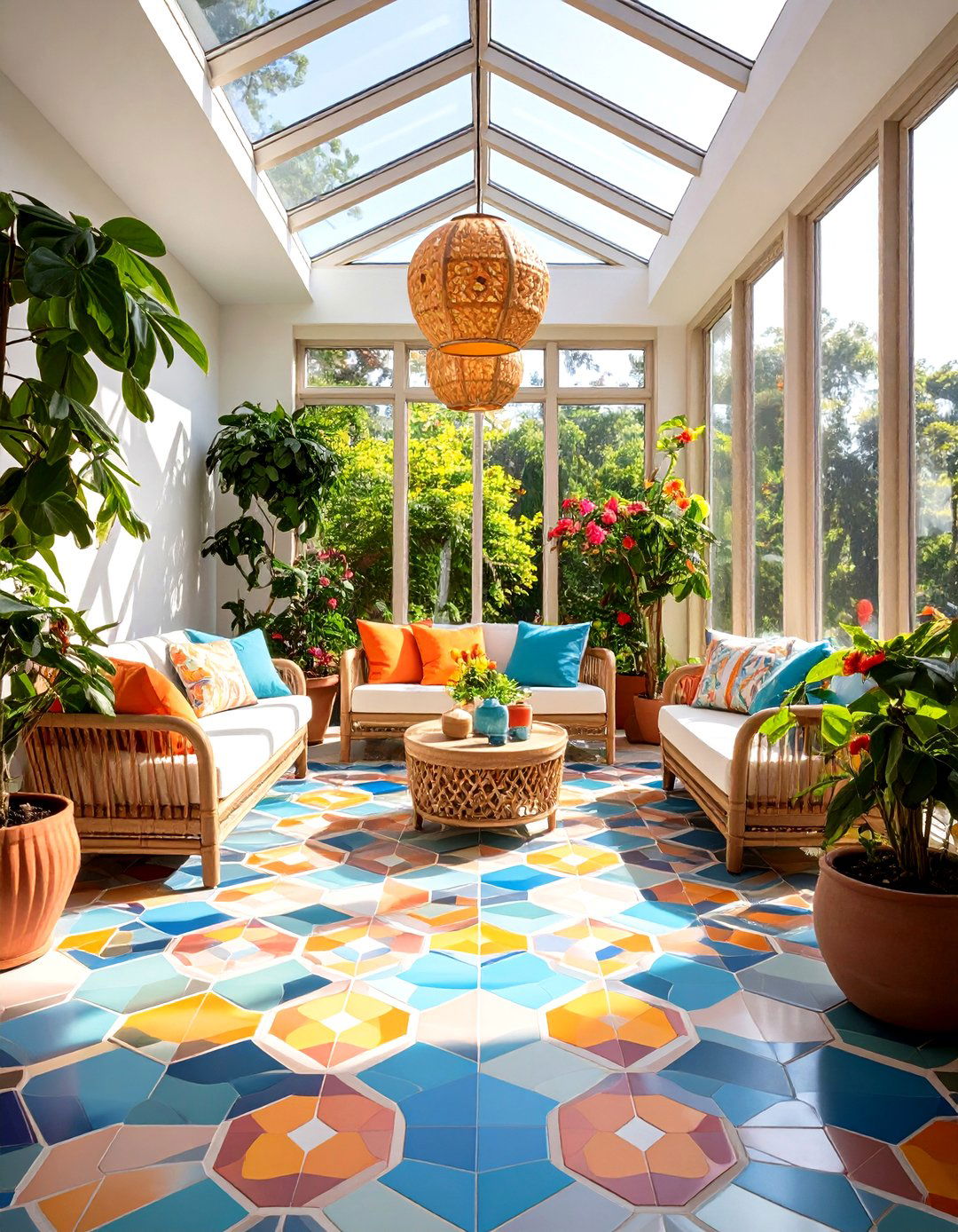 Geometric Mosaic Pattern Sunroom Tiles - 24 Sunroom Tile Floor Ideas