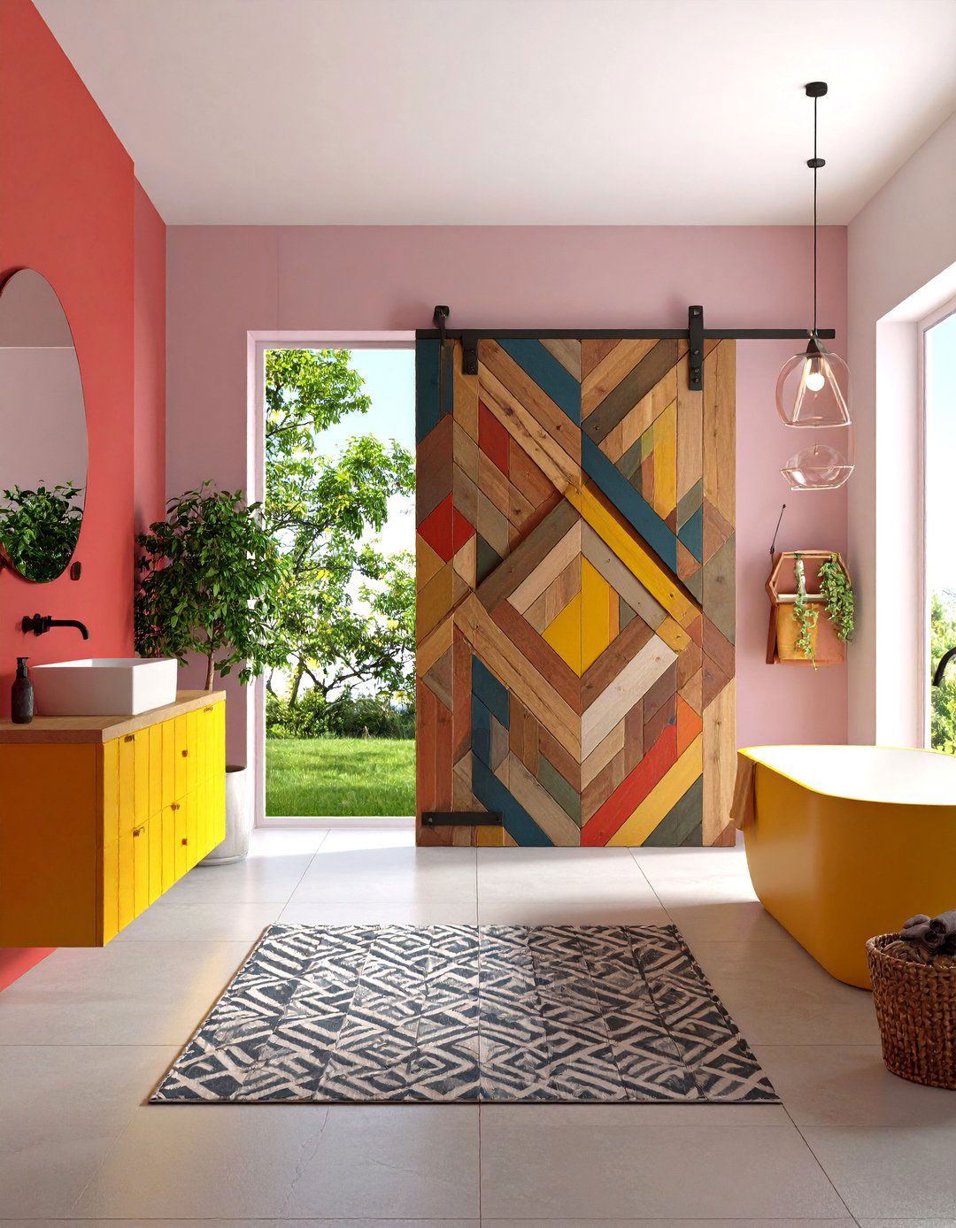 Geometric Pattern Bathroom Barn Door - 24 Bathroom Barn Door Ideas