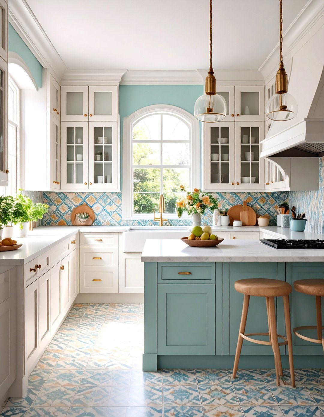 Geometric Pattern Cement Tiles in Soft Pastels - 24 Backsplash Ideas for White Cabinets and Granite Countertops