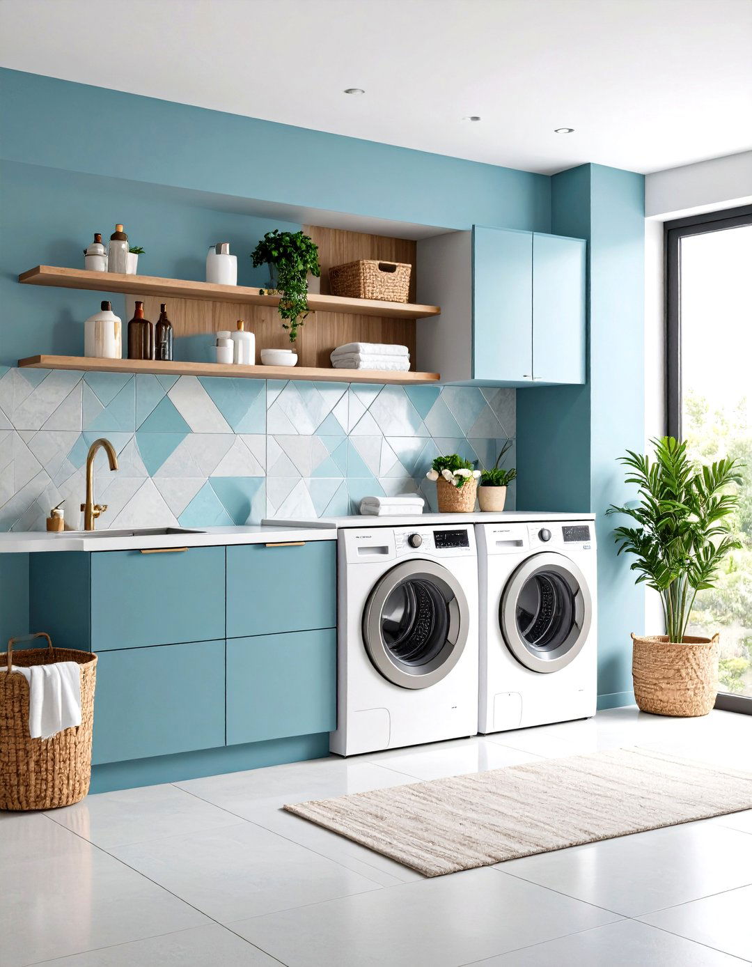 Geometric Pattern Concrete Tile Backsplash - 24 Laundry Room Backsplash Ideas