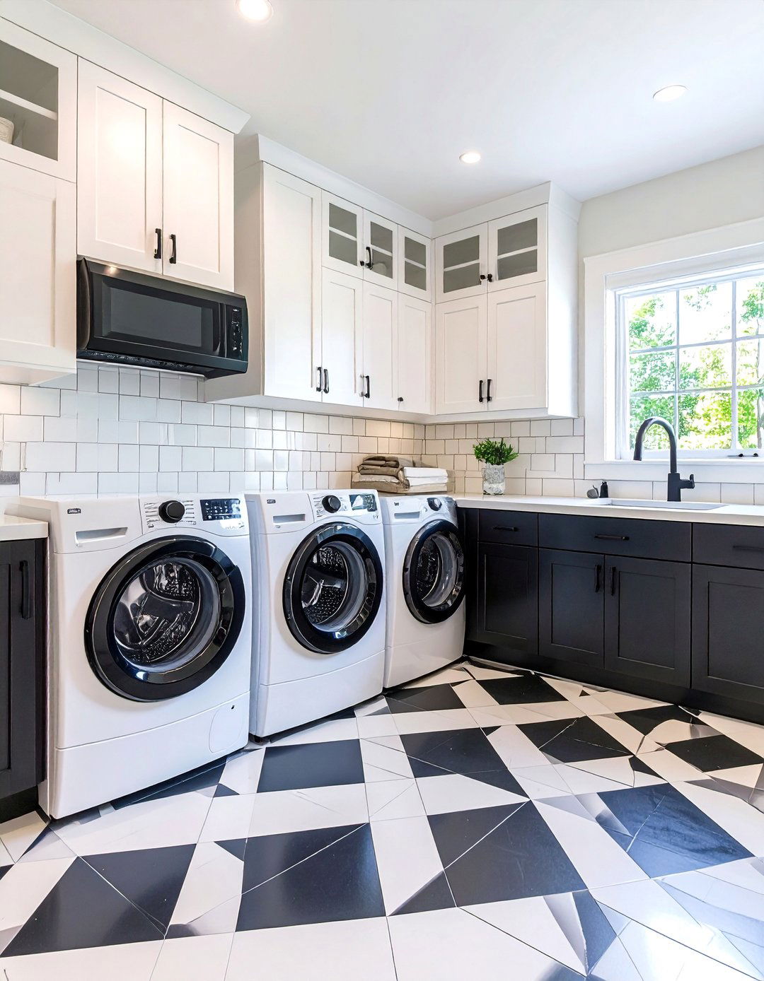 Geometric Pattern Floor Design - 24 Black and White Laundry Room Ideas