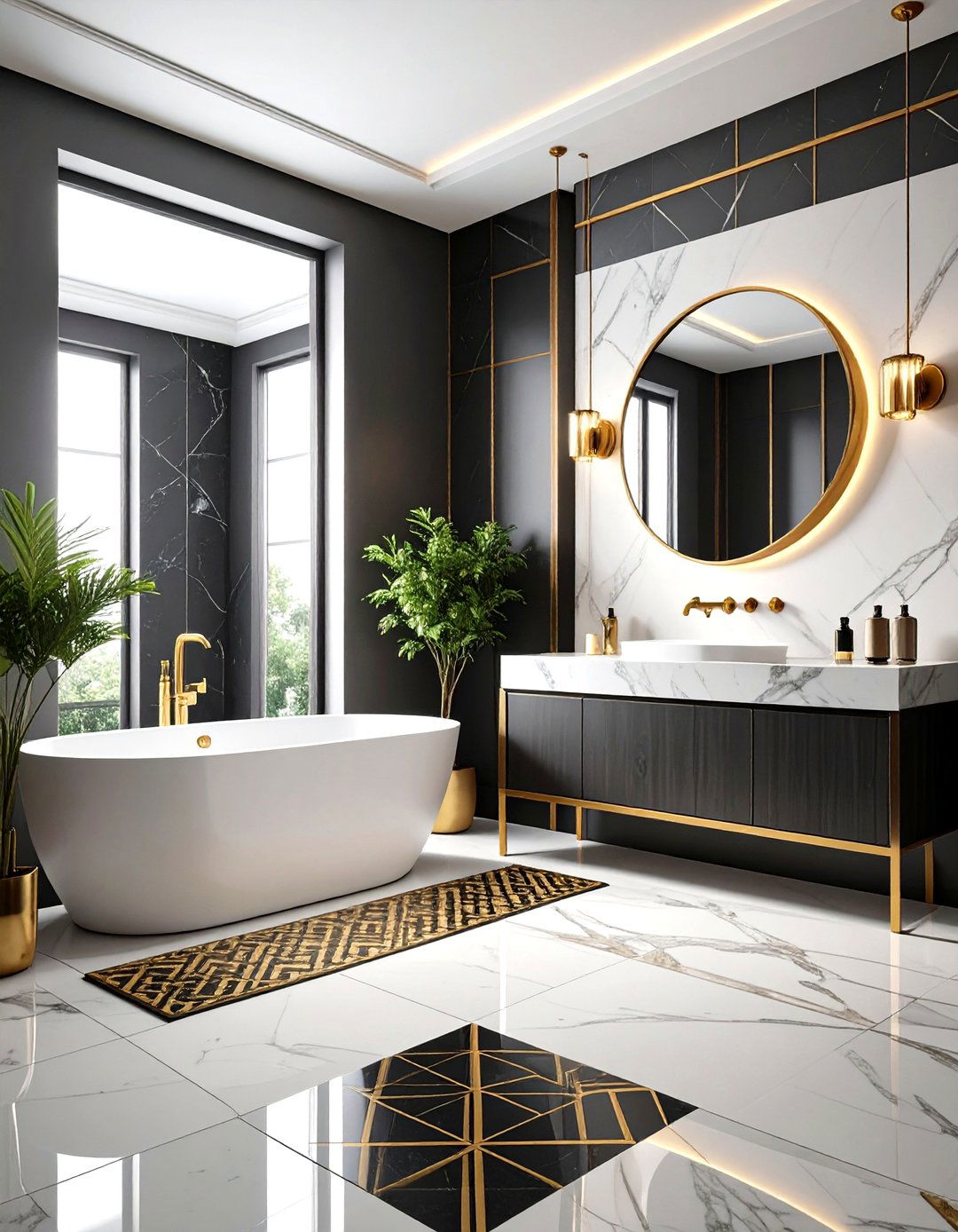 Geometric Pattern Floor Focus - 24 black and gold powder room ideas