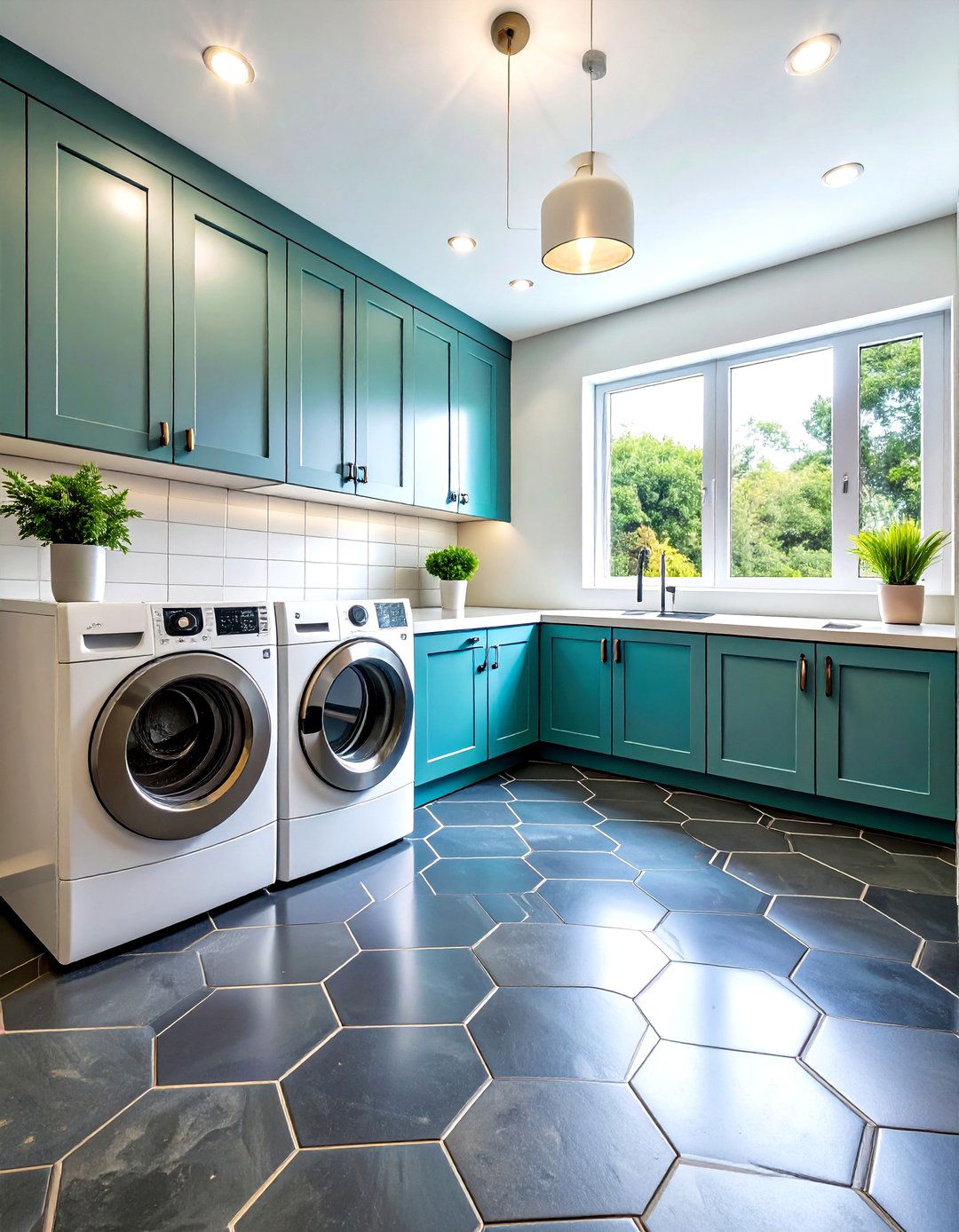 Geometric Pattern Floor Tiles - 24 dark & moody laundry room ideas