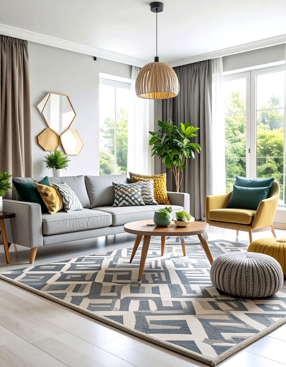 Geometric Pattern Play - 24 Grey and Sage Green Living Room Ideas