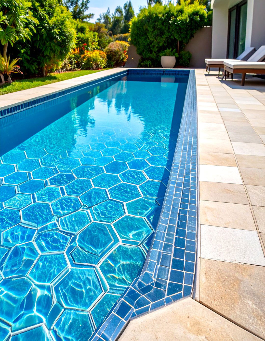 Geometric Pattern Pool Waterline with Hexagonal Tiles - 24 Waterline Pool Tile Ideas