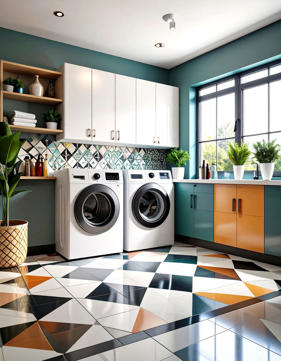 Geometric Pattern Statement Tiles - 24 Laundry Room Tile Ideas