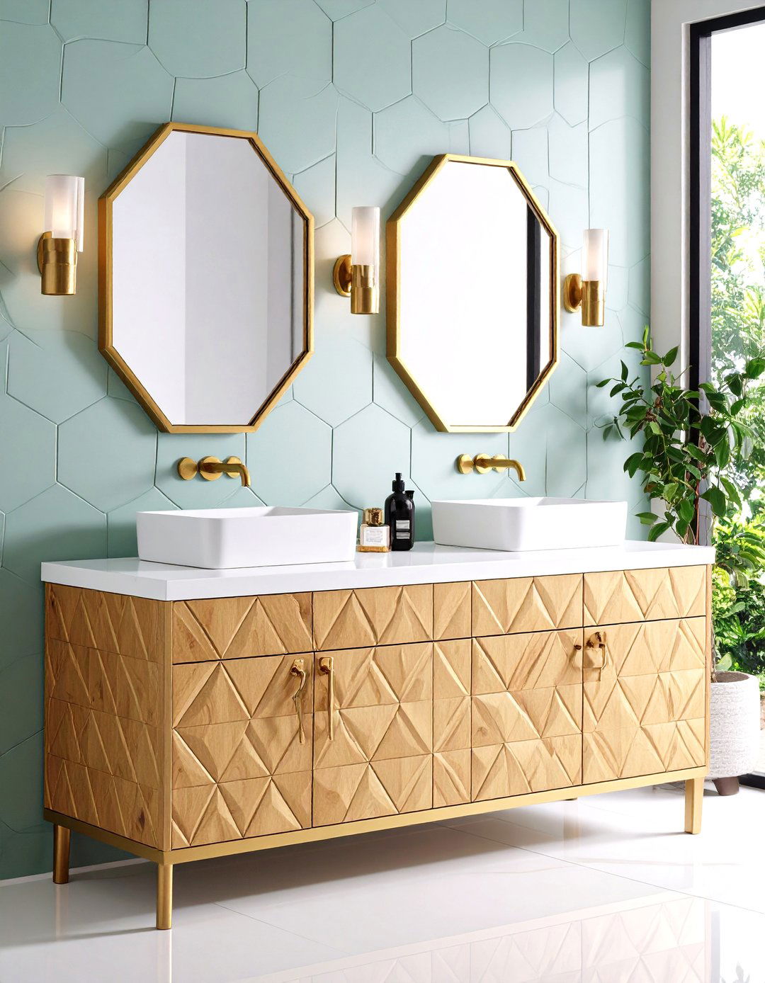 Geometric Pattern Vanity with Bold Hardware - 24 Small Bathroom Vanity Ideas