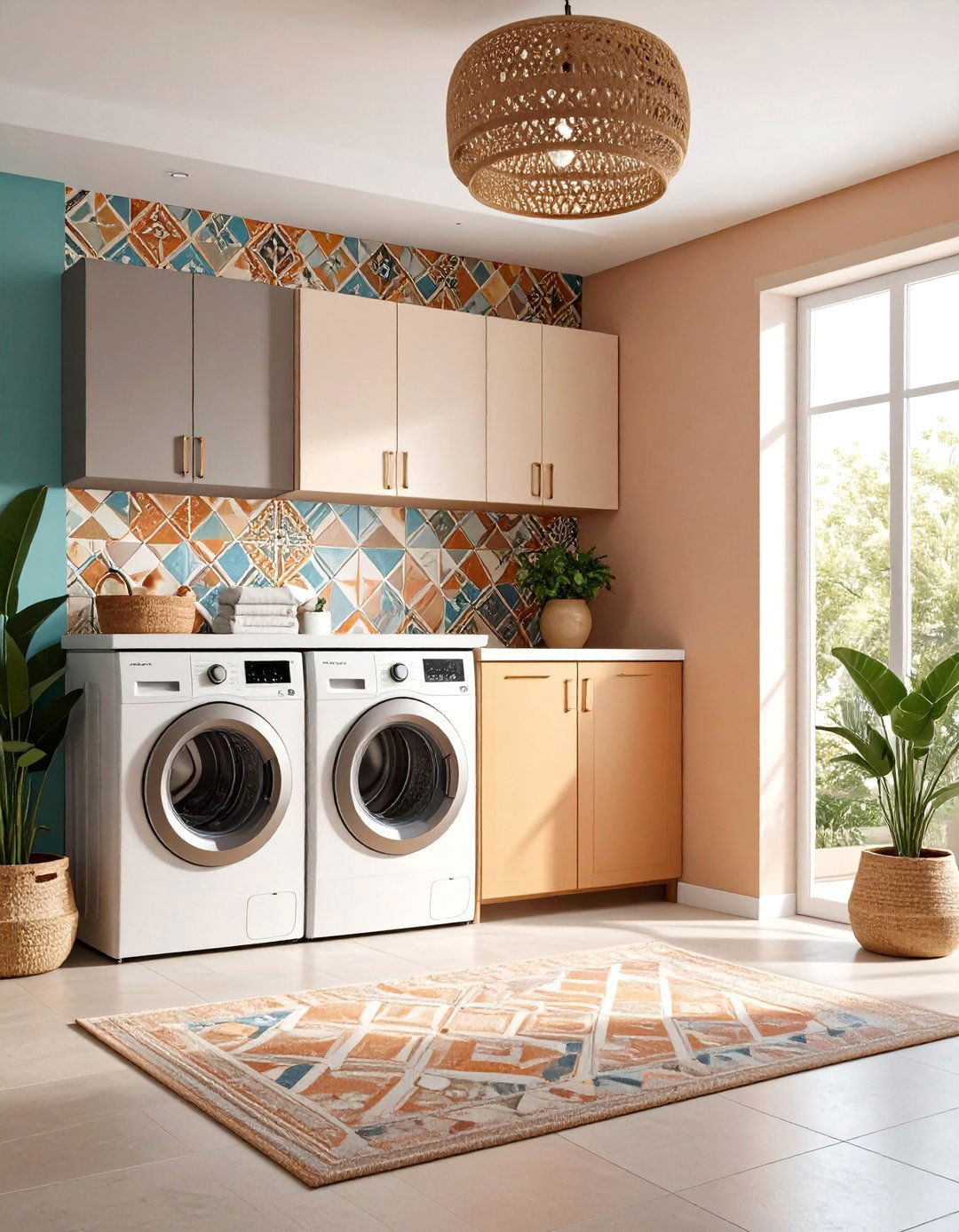 Geometric Pattern Wallpaper Laundry Room - 24 Boho Laundry Room Ideas